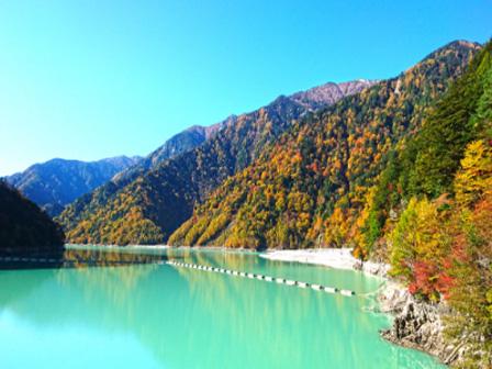 エメラルドグリーンの高瀬ダムに鮮やかな紅葉が映える渓谷は、県内有数の景勝地となっています