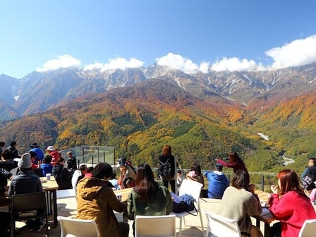 岩岳マウンテンリゾートの三段紅葉（緑・紅・白のコントラスト）※10月上旬～下旬が見頃